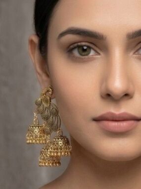 Elegant Gold Tone and Black Peacock Earrings